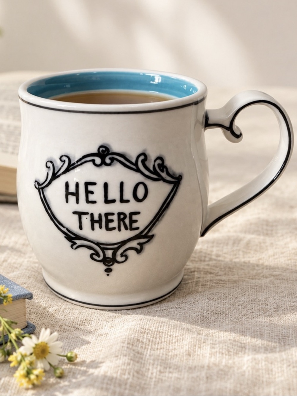 Anthropologie Molly Hatch Hello There Ceramic Mug Blue Striped Interior 12oz